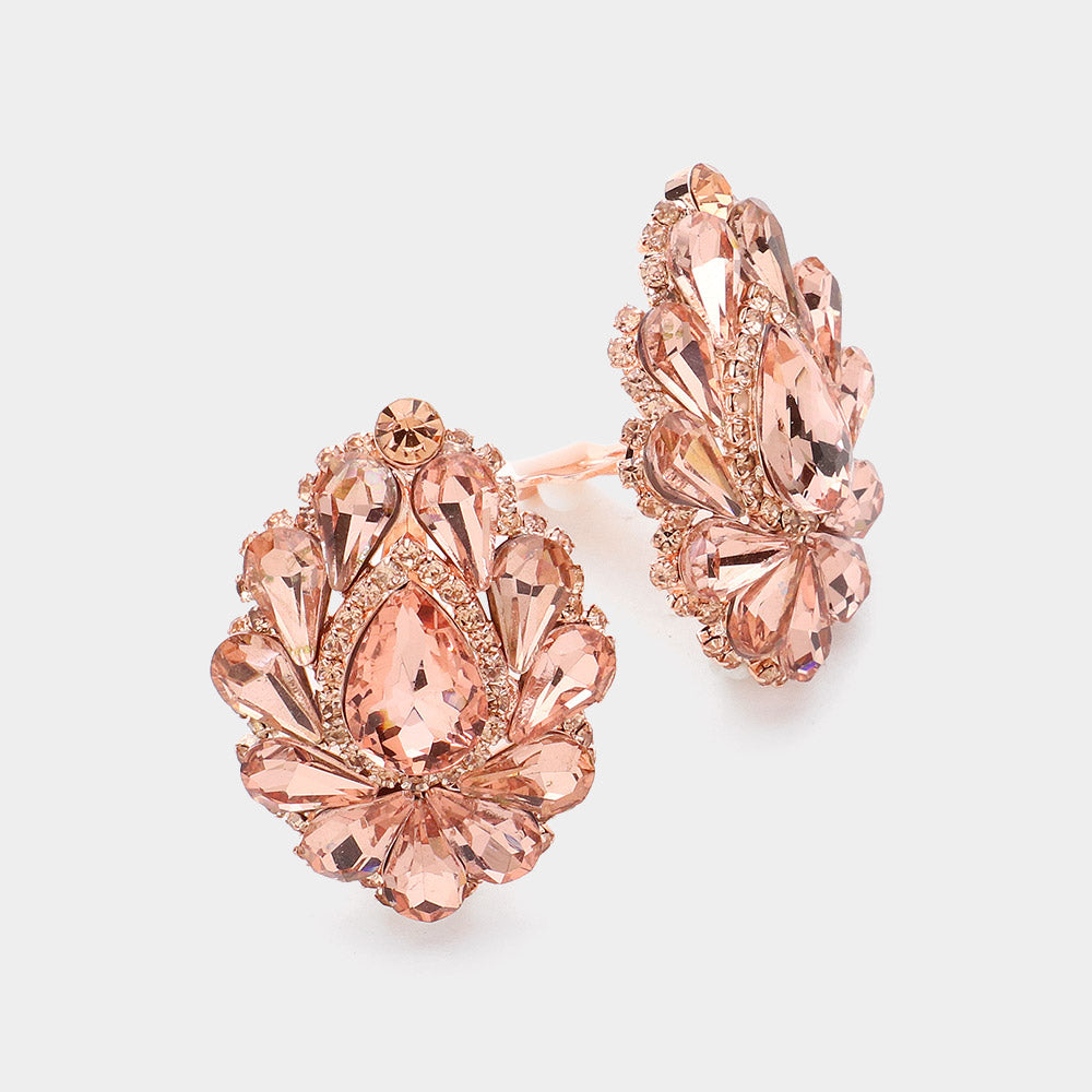Women's Teardrop Crystal Cluster Clip on Evening Dangle Earrings