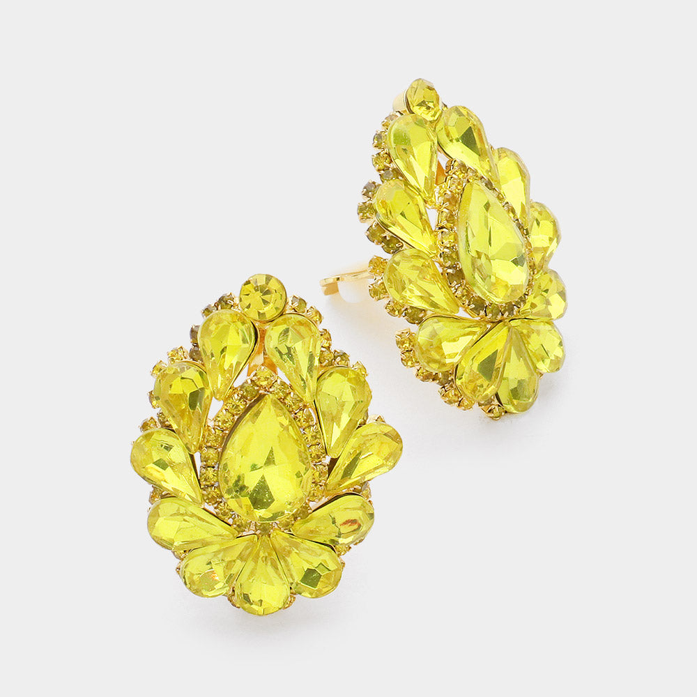 Women's Teardrop Crystal Cluster Clip on Evening Dangle Earrings