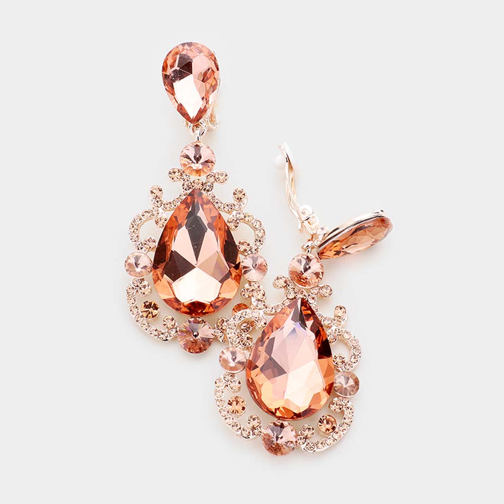 Teardrop Crystal Dangle Evening Clip on Earrings