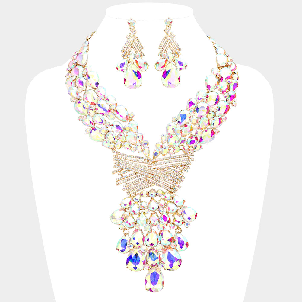 Teardrop Round Stone Embellished Statement Evening Necklace