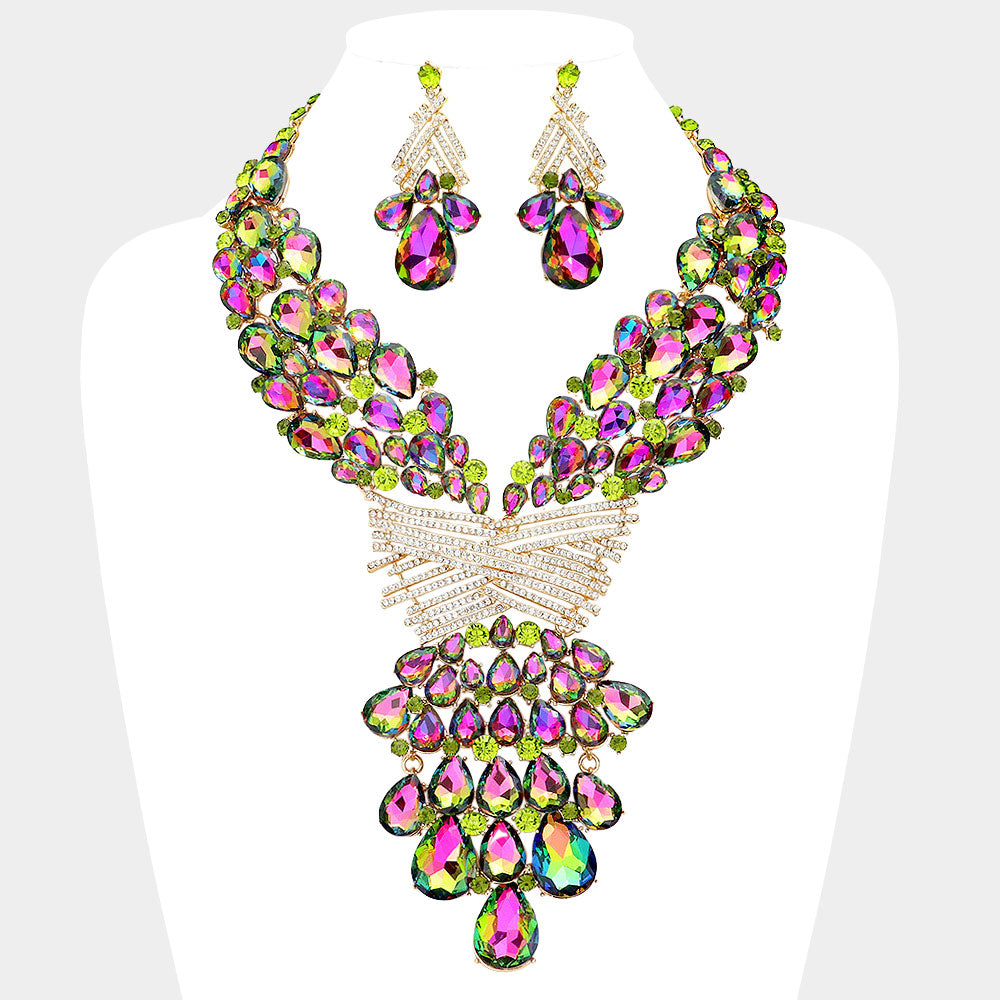 Teardrop Round Stone Embellished Statement Evening Necklace
