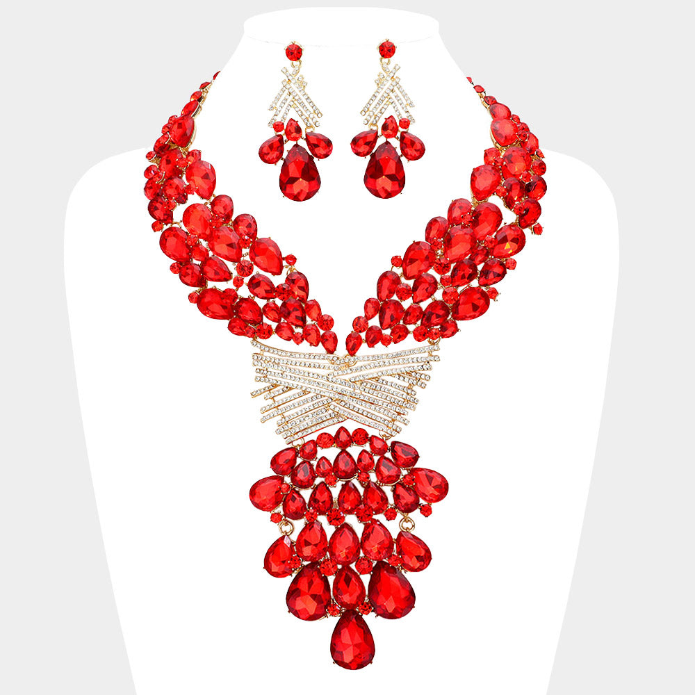 Teardrop Round Stone Embellished Statement Evening Necklace