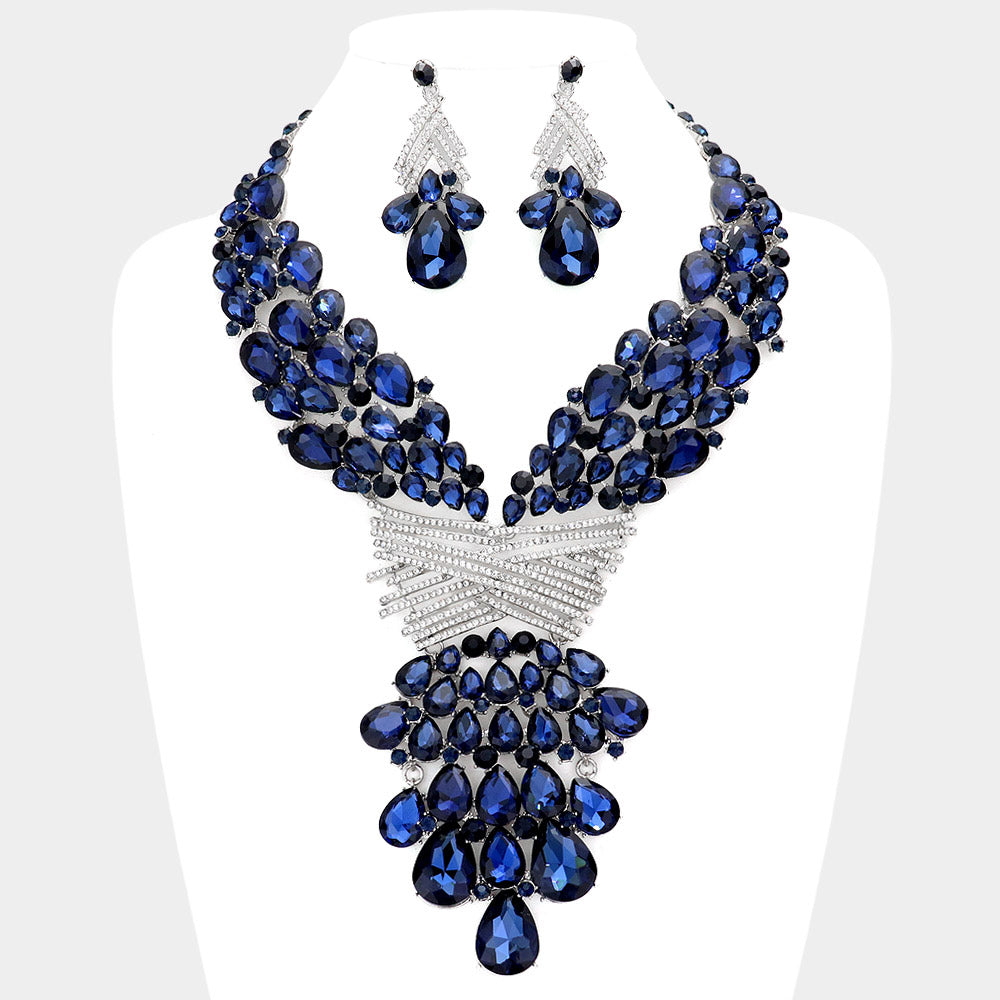 Teardrop Round Stone Embellished Statement Evening Necklace