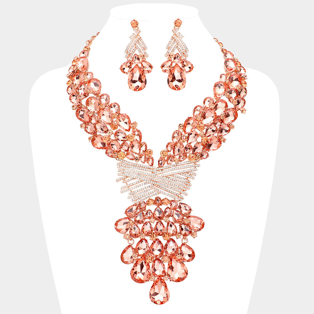 Teardrop Round Stone Embellished Statement Evening Necklace