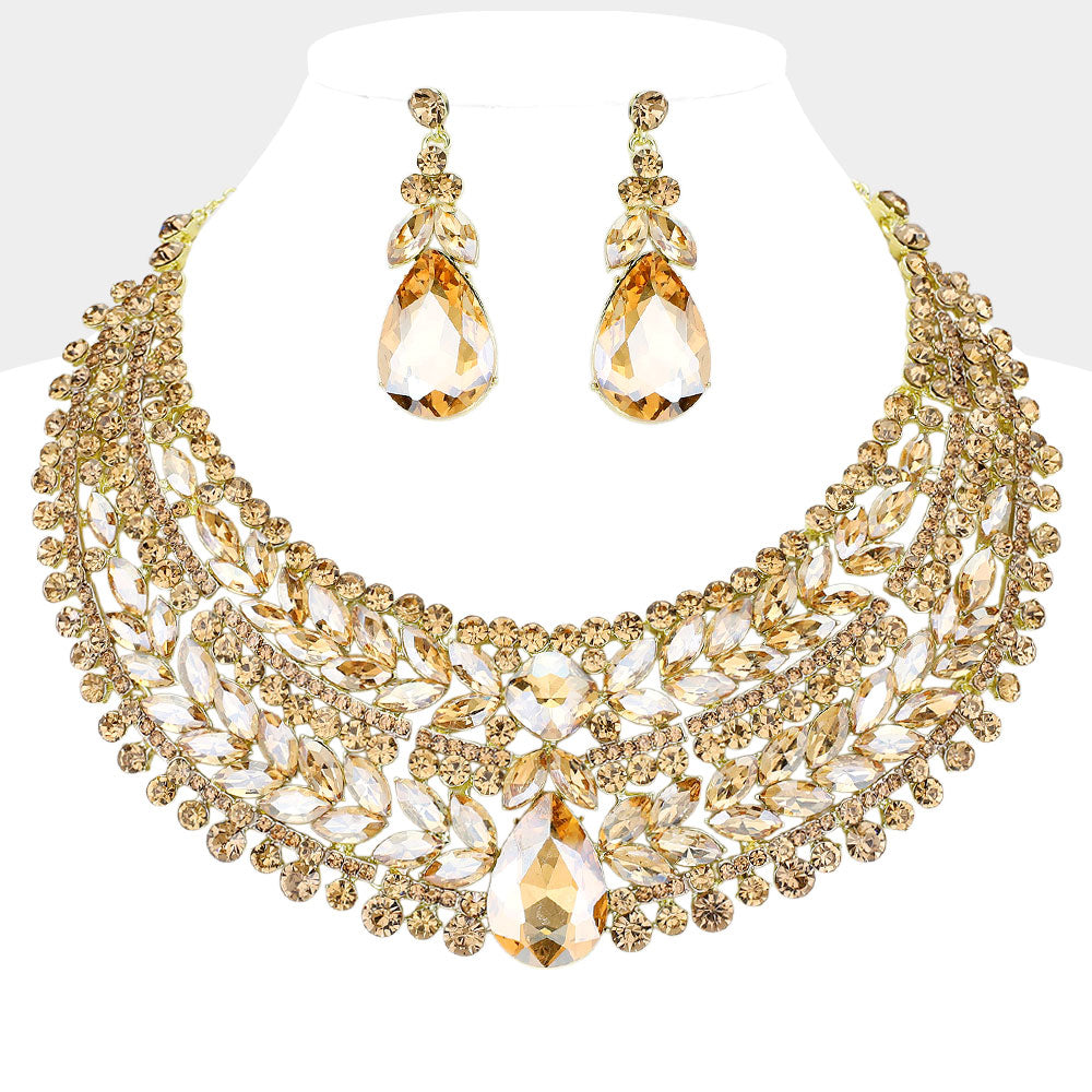 Teardrop Stone Accented Marquise Round Stone Embellished Chunky Collar Evening Necklace
