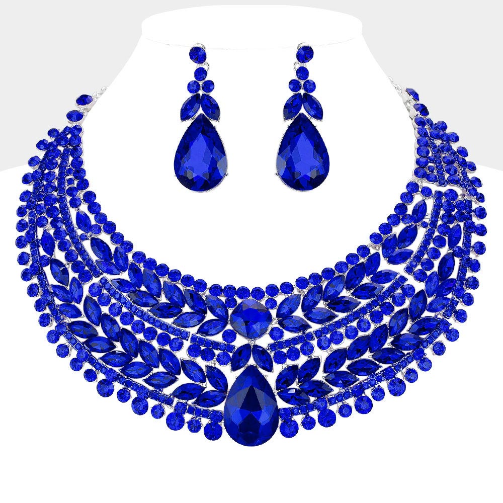 Teardrop Stone Accented Marquise Round Stone Embellished Chunky Collar Evening Necklace
