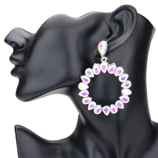 Teardrop Stone Cluster Open Circle Dangle Evening Earrings