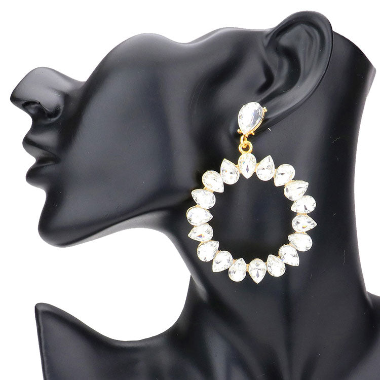 Teardrop Stone Cluster Open Circle Dangle Evening Earrings