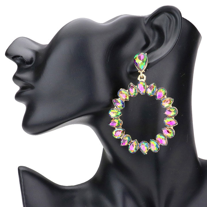 Teardrop Stone Cluster Open Circle Dangle Evening Earrings